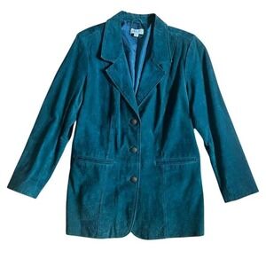 Vintage Denim & Co Emerald Green Suede Leather Jacket Ornate Buttons Large Y2K